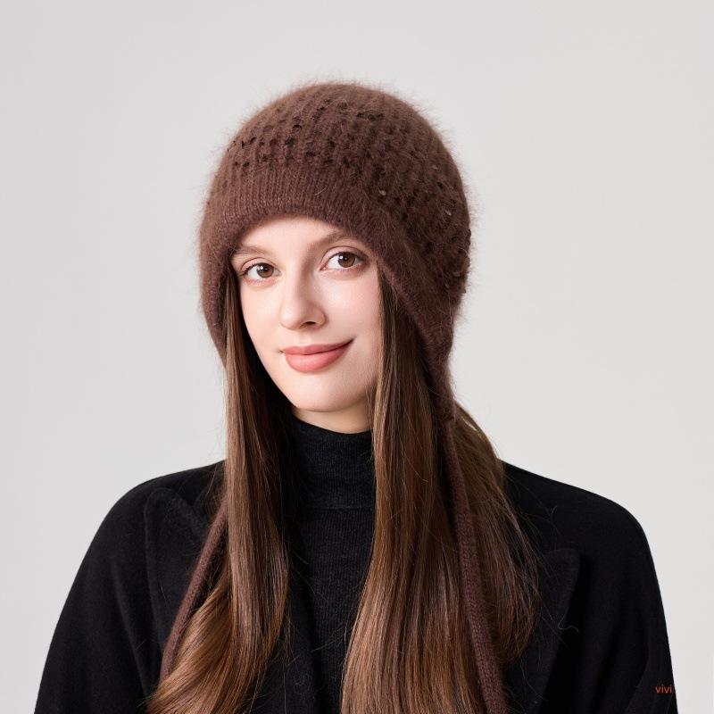 Rabbit hair blended split design knitted hat children's winter warm wool hat sequined ear protector pullover hat tide