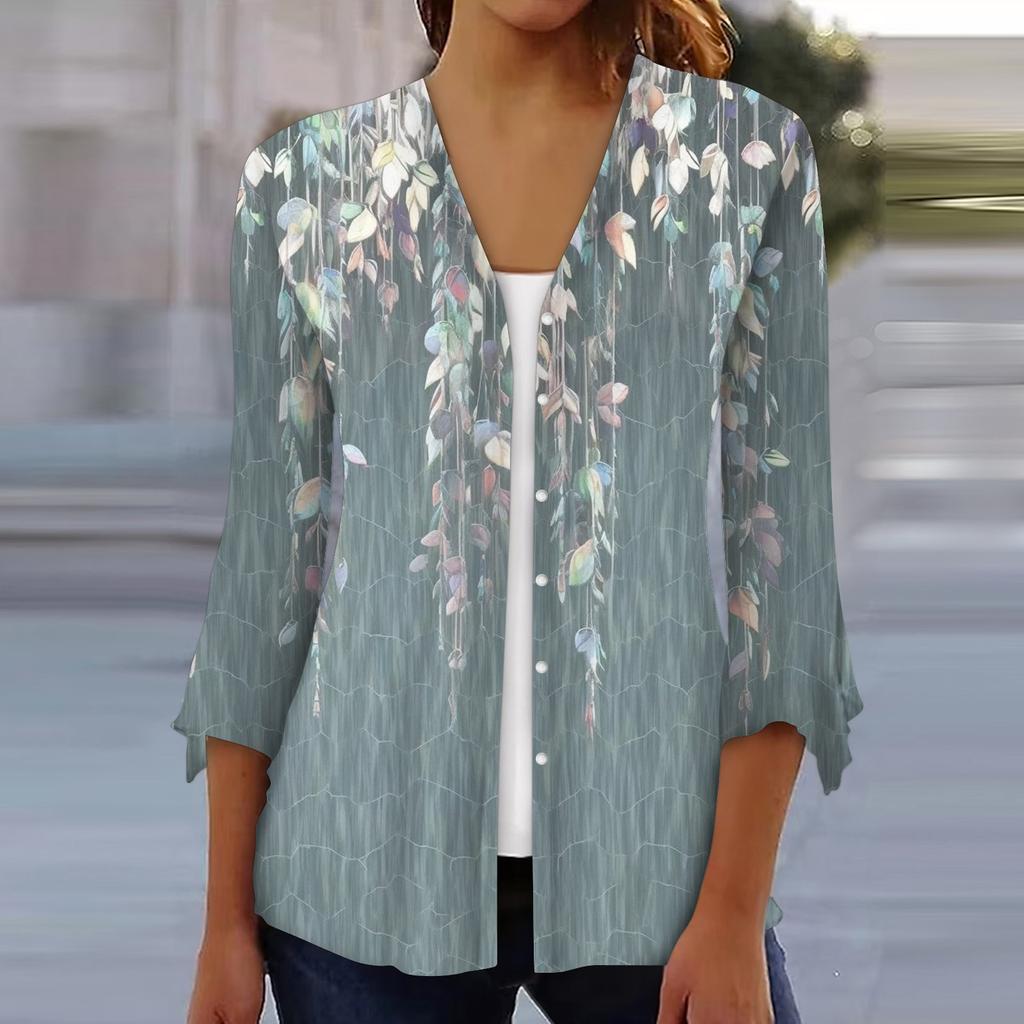 Рубашки с рукавом 3/4 для женщин, свободная футболка с принтом, топы с v-образным вырезом и рюшами на рукавах
