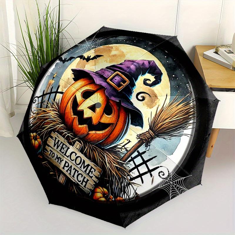 Halloween Decorative Plate with Witch Hat PumpkinDesignUmbrella, Portable 3-Fold Compact Umbrella for Men & Women Gift