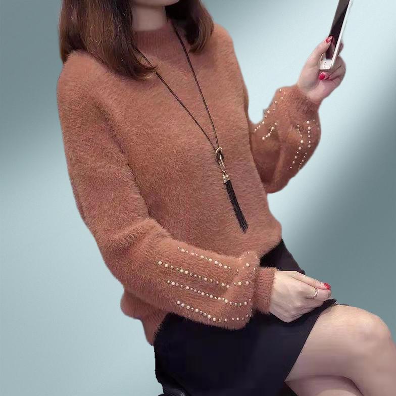Нечеткий свитер для женщин, бархатный свитер из искусственной норки, женский пуловер с бисером, нижняя рубашка, корейские свитера из мохера с высоким воротом и длинными рукавами