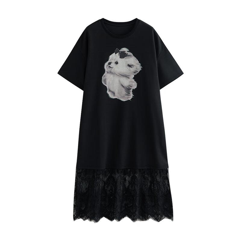 Chuyu Loose-Fit Dog Print T-Shirt Dress with Lace