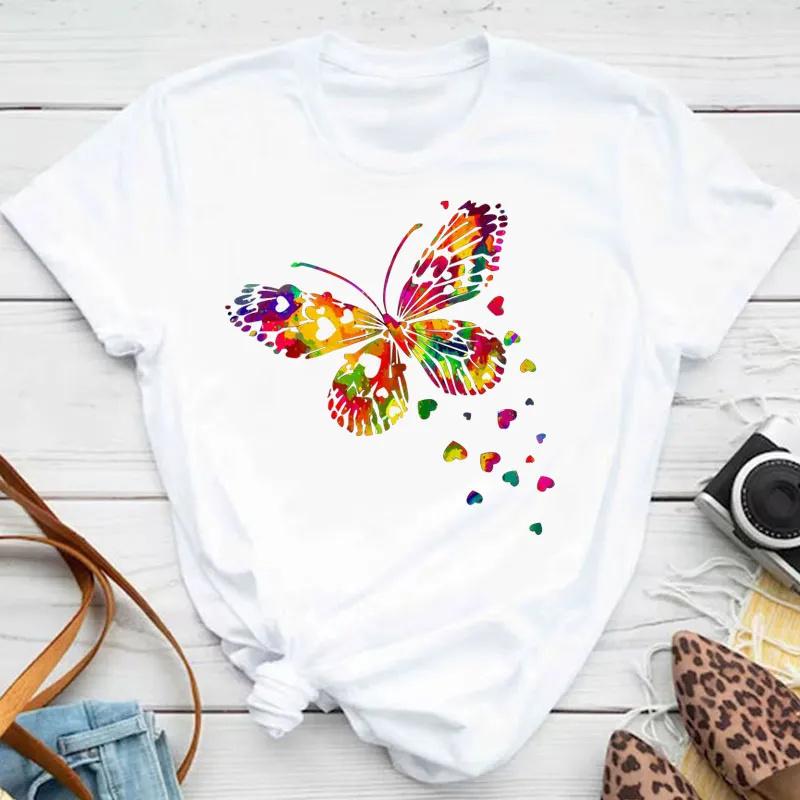 Colorful Butterfly Petal Print Women T-shirt Fashion Short Sleeve oNeck T Shirt Female Cute Cartoon Clothing