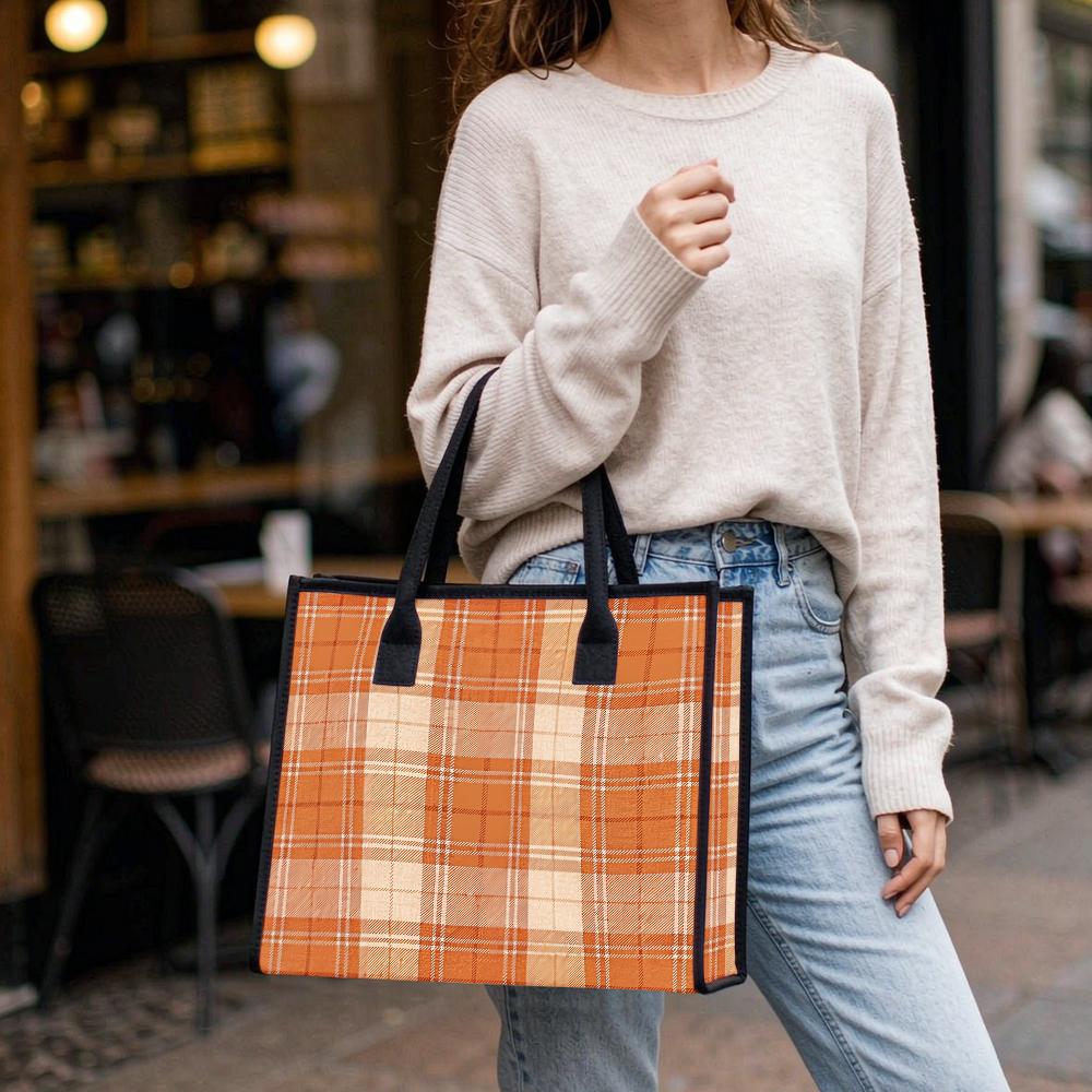 Orange Plaid Casual Tote Bag Portable Large Capacity Daily Use Shoulder Bag for Women