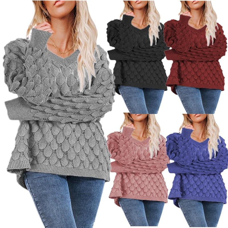 New Winter Sweater, Knitted Feather Hollow V-Neck Long-Sleeved Sweater For Women, Factory Direct Sales