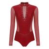 Womens Gymnastics Figure Skating Leotard Long Sleeve Sheer Mesh Sparkle Rhinestone Bodysuit