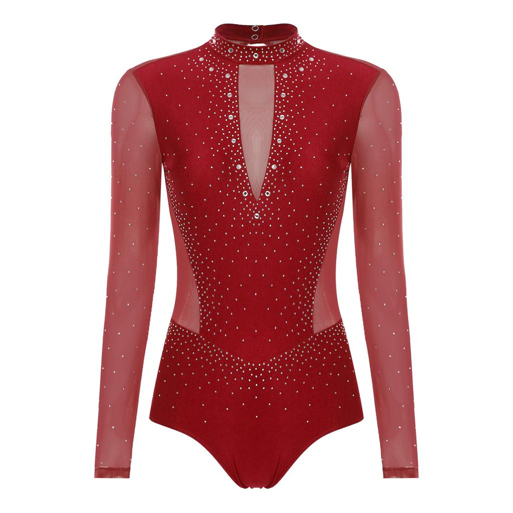 Womens Gymnastics Figure Skating Leotard Long Sleeve Sheer Mesh Sparkle Rhinestone Bodysuit