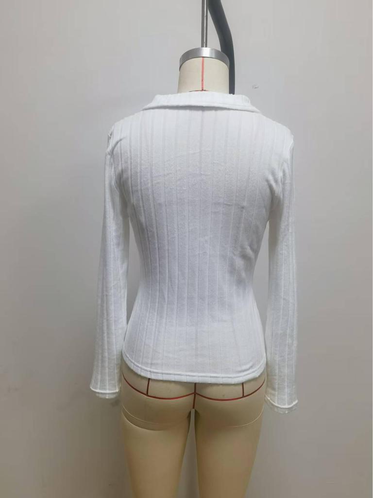 Женская однотонная приталенная футболка с V-образным вырезом и длинными рукавами в рубчик, осень-зима 2025.