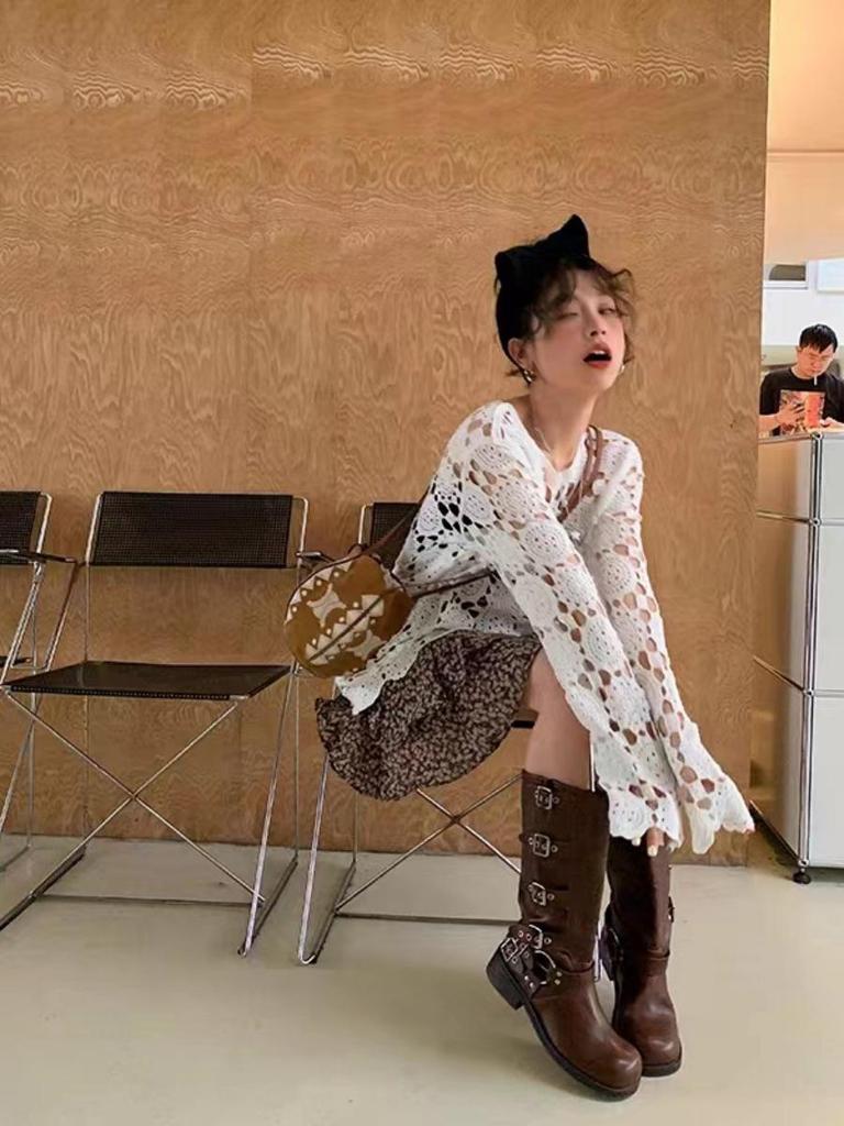 Chic Knitted Hollow-Out Sweater | Plus Size French Style | Loose Long Sleeve | Early Autumn Women's Outerwear