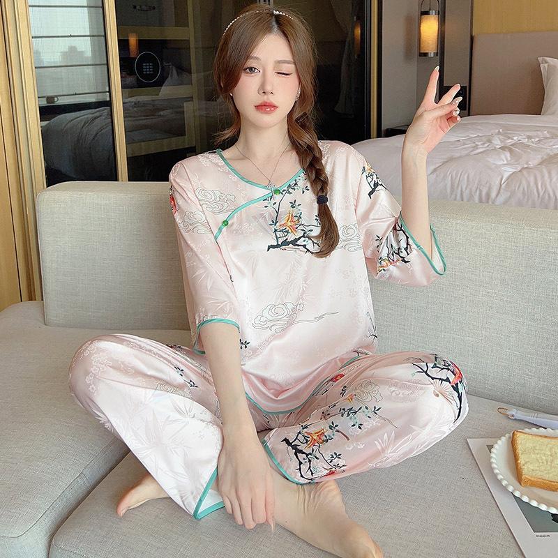 Pajamas women's summer new ice silk medium-sleeved national style light luxury retro suit outer wear spring and autumn loose large size loungewear