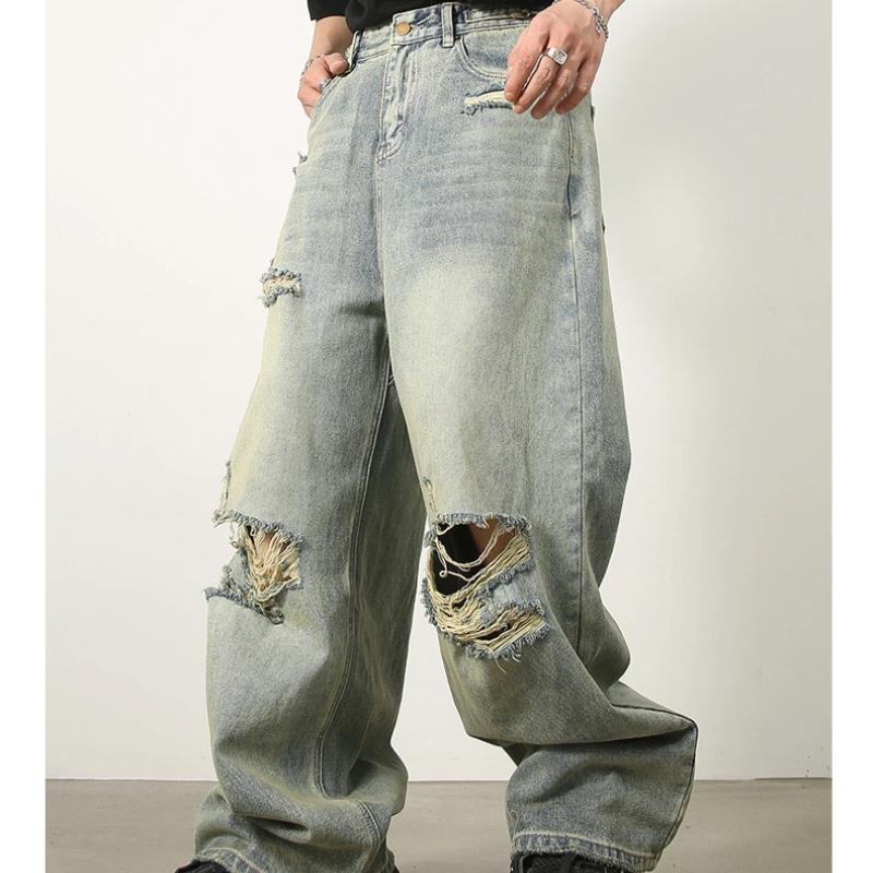Мужские джинсы в корейском ретро-стиле, молодежные стритвир, широкие, мешковатые, рваные, полной длины, потертые, стирка деним