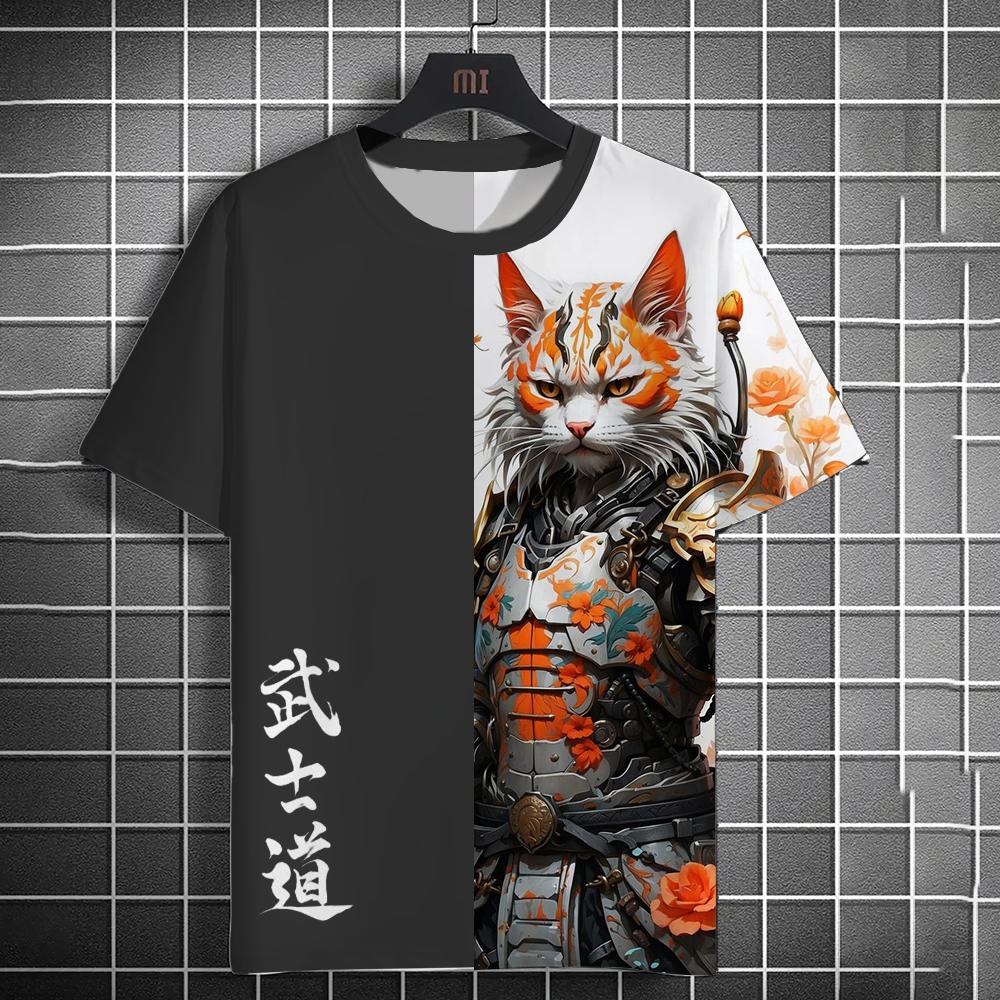 Мужская футболка с принтом «Bushido Animal Cat Samurai», летняя футболка с коротким рукавом, мужские ретро-топы, повседневная мужская свободная футболка