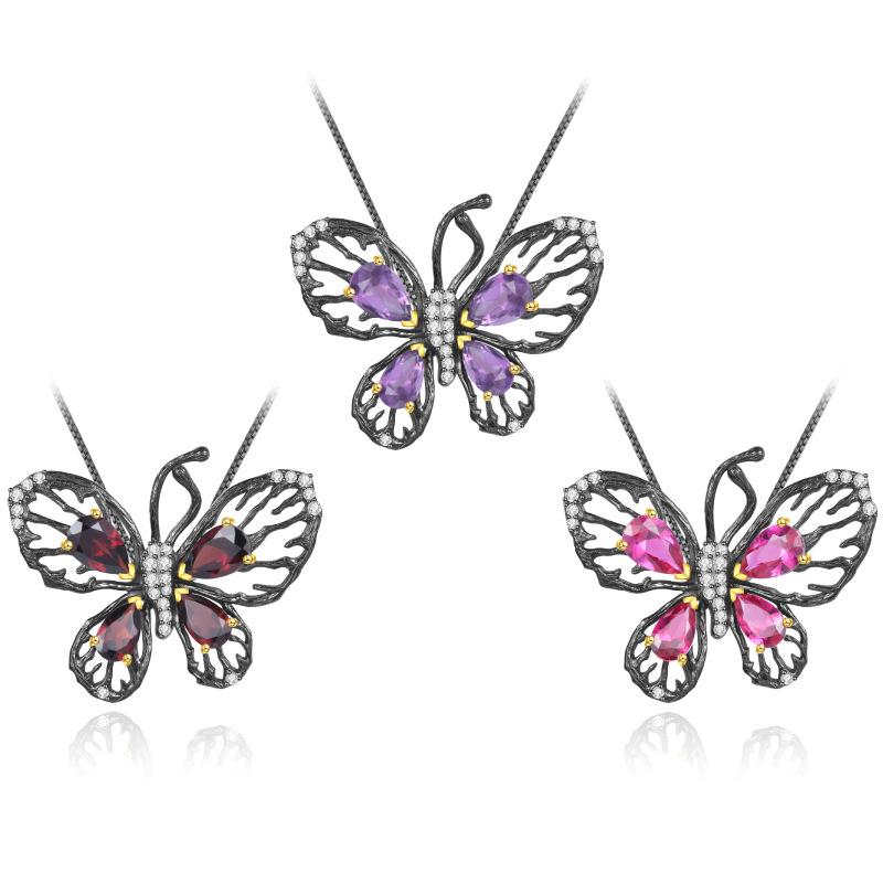 Original Designer Natural Garnet Butterfly Pendant, Luxurious and High-end 925 Silver Natural Gemstone Necklace Pendant