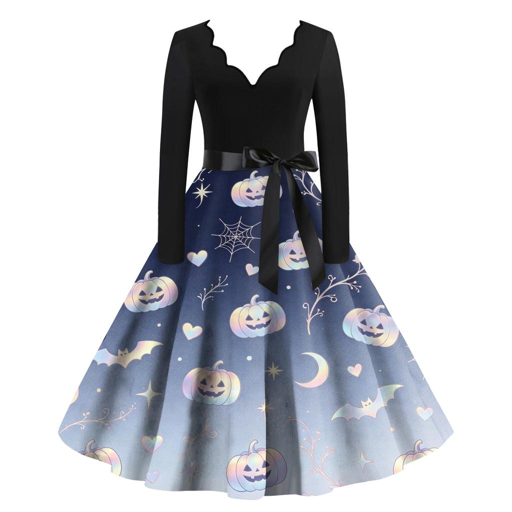 Women's Halloween Printed Long Maxi Dress for Costume Party