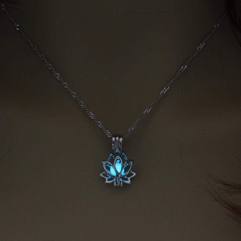 Luminous Lotus Pendant Necklaces Women Men Retro Fluorescent Stone Pendant Alloy Chain Necklace Healing Yoga Jewelry Gifts