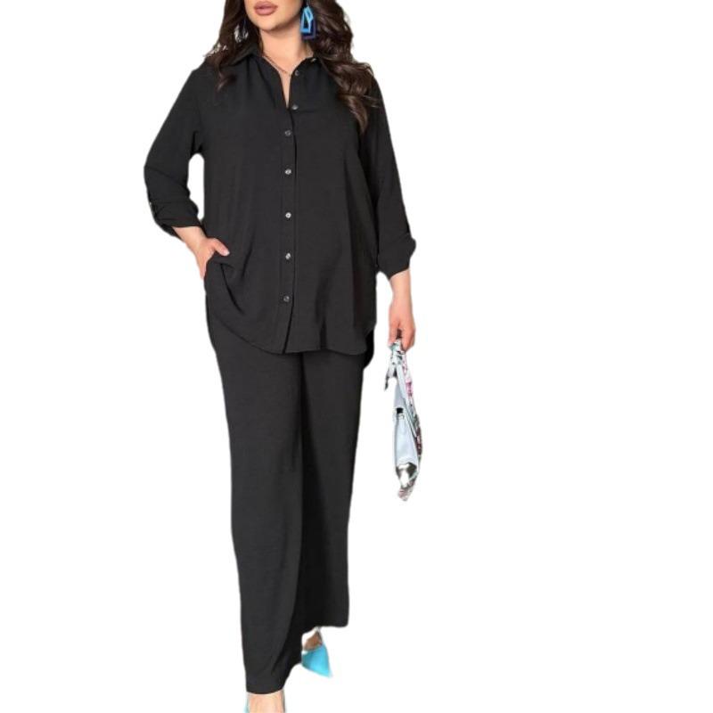 Женская мода 2025 года: Свободный топ с длинным рукавом и брюки прямого кроя, комплект из двух предметов