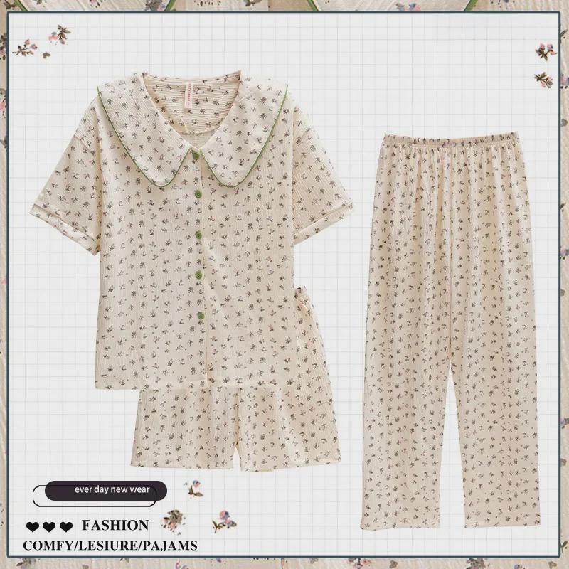 Летняя пижамная одежда Dopamine Pink Striped из хлопкового крепа - женская, с короткими рукавами, из трех предметов