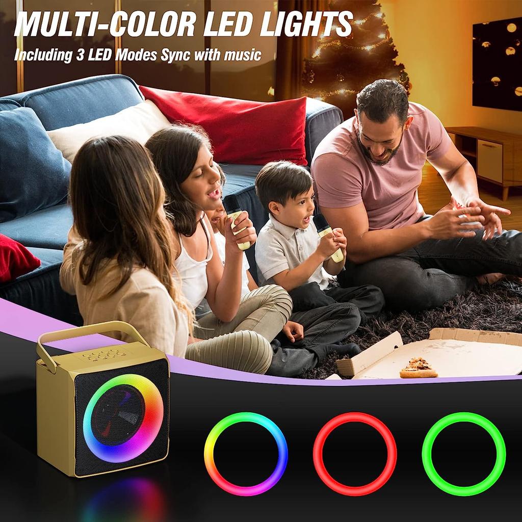 Караоке-машина, портативный динамик Bluetooth, светодиодная лампа для вечеринок с 2 беспроводными микрофонами для караоке — подарок на день рождения, семья, вечеринка, встреча, поддержка USB.