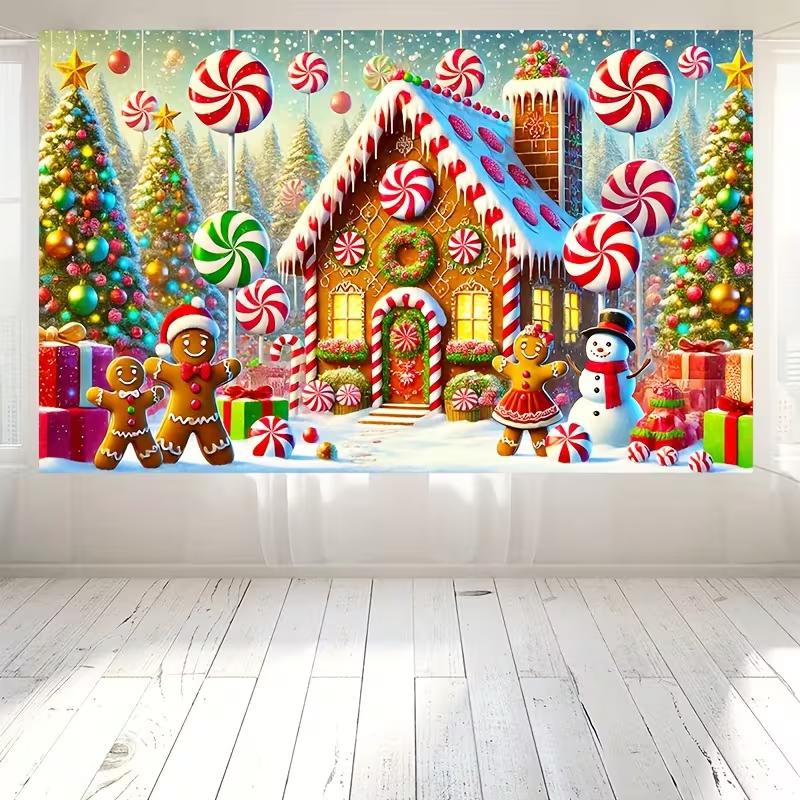 2D Flat Winter Candy Land Banner, Gingerbread Men & Snowman Background for Christmas Decoration