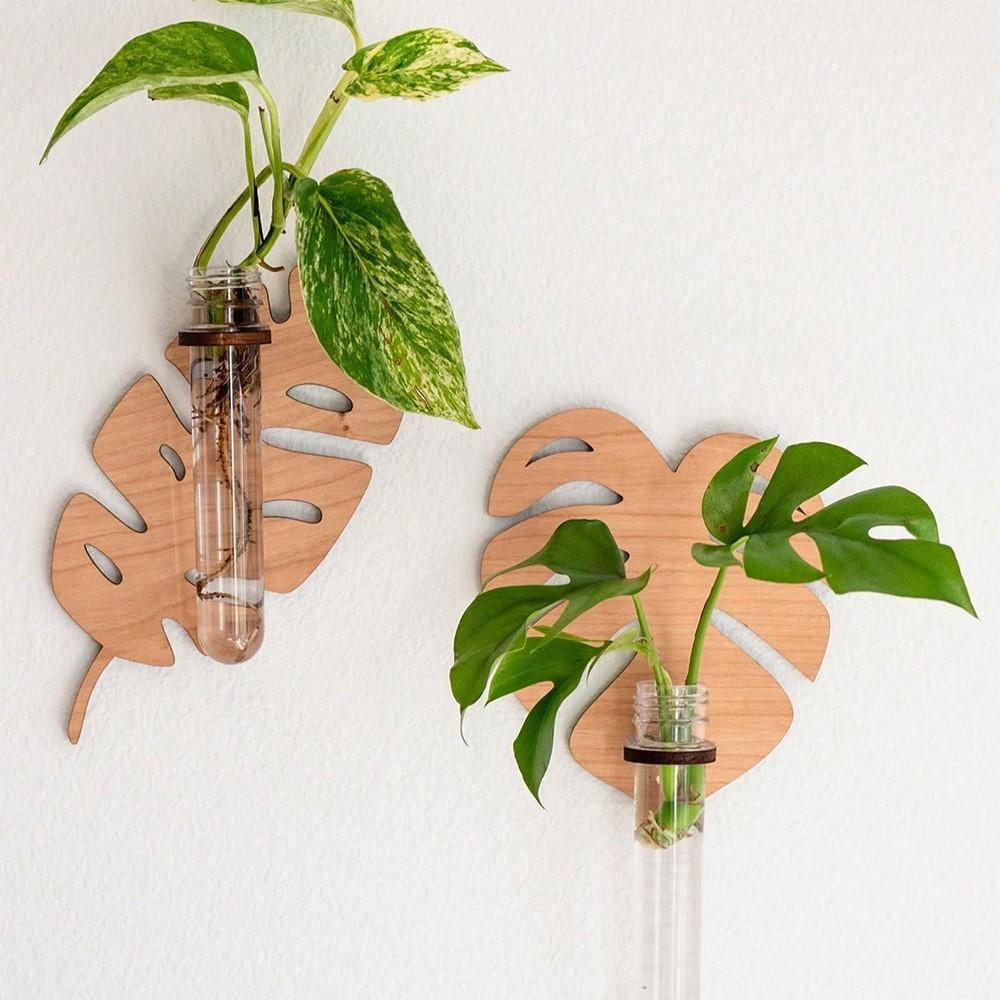 1/2 Pcs Leaf Shape Wall Planters Wooden Wall Hanging Plant Pots with Test Tube Vase Indoor Propagation Station Home Garden Decor