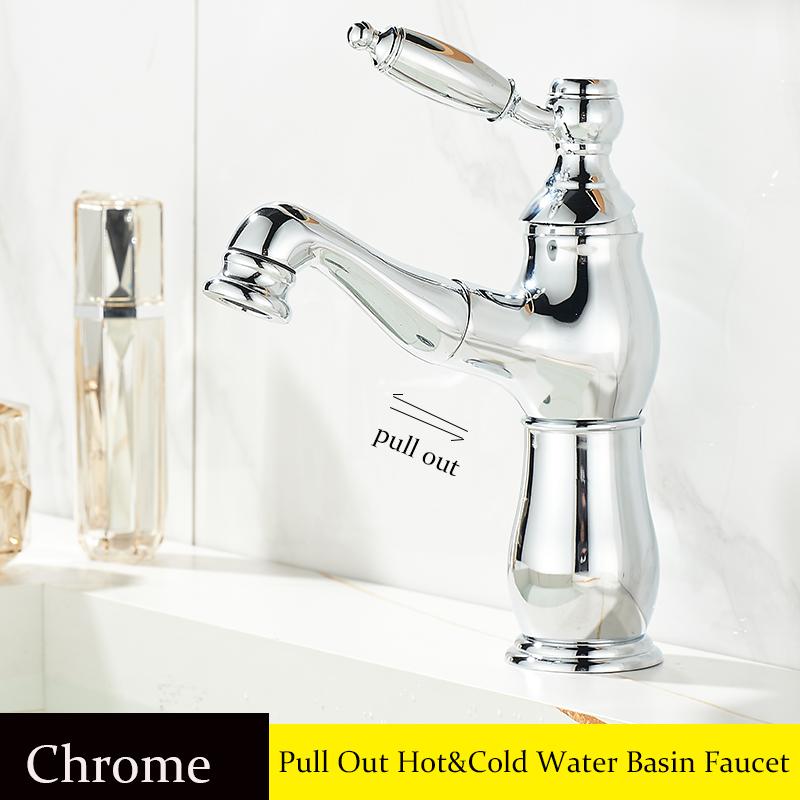 BAKALA Pull Out Bathroom Basin Sink Faucet Hot Cold Water Mixer Tap Golden Faucets Crane with Spray Tall Bathroom Faucet