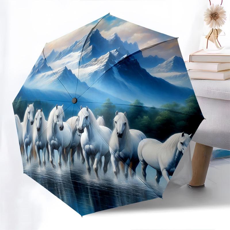 Horses,Mountain Range Automatic Folding Umbrella Compact 8 rib Design,Unique Style,Suitable for Everyday Outdoor Use,Perfect Gift for