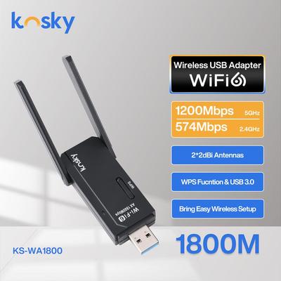 Беспроводной USB Wi-Fi адаптер Kosky WiFi 6 двухдиапазонный 1800 Мбит/с 802.11ax USB3.0 Увеличьте скорость интернета до 600 Мбит/с Беспроводной USB Wi-Fi адаптер