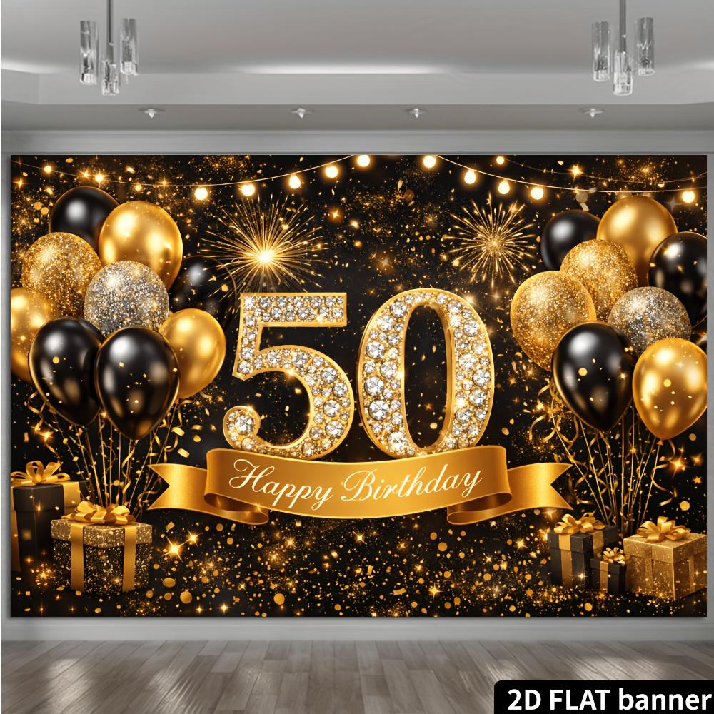 2D plane 50th birthday party banner background - black and gold glittering diamond theme with diamond-encrusted number 50