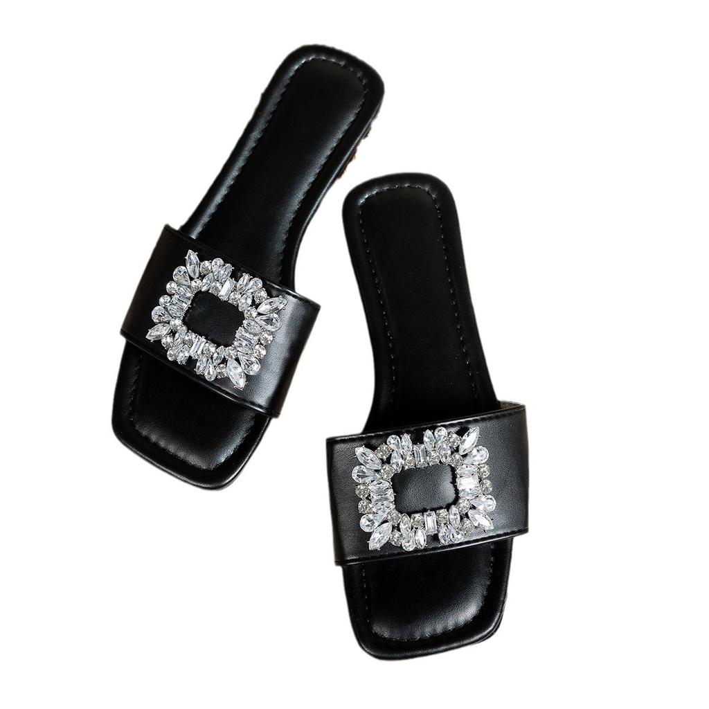 Женские тапочки с квадратным носком, летняя обувь больших размеров, модные шлепанцы со стразами и пряжками для женщин, повседневные женские сандалии на плоской подошве