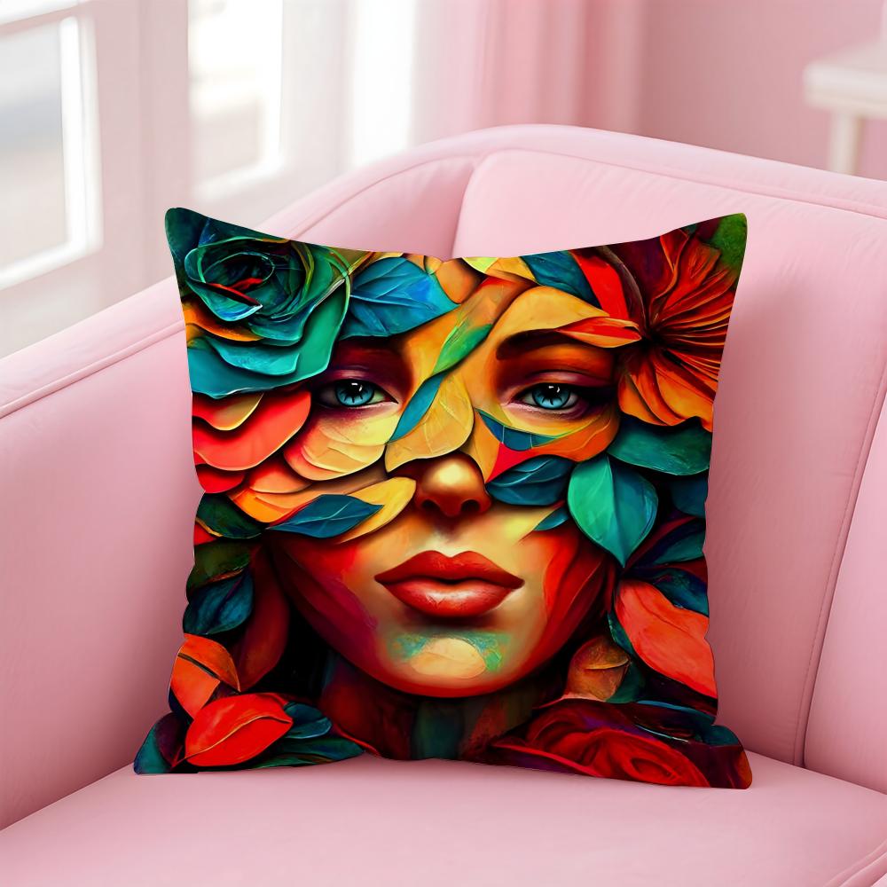 Square Bright Color Flower Girl Cushion Cover Pillow Case Soft Skin Friendly Fabric Concealed Zipper