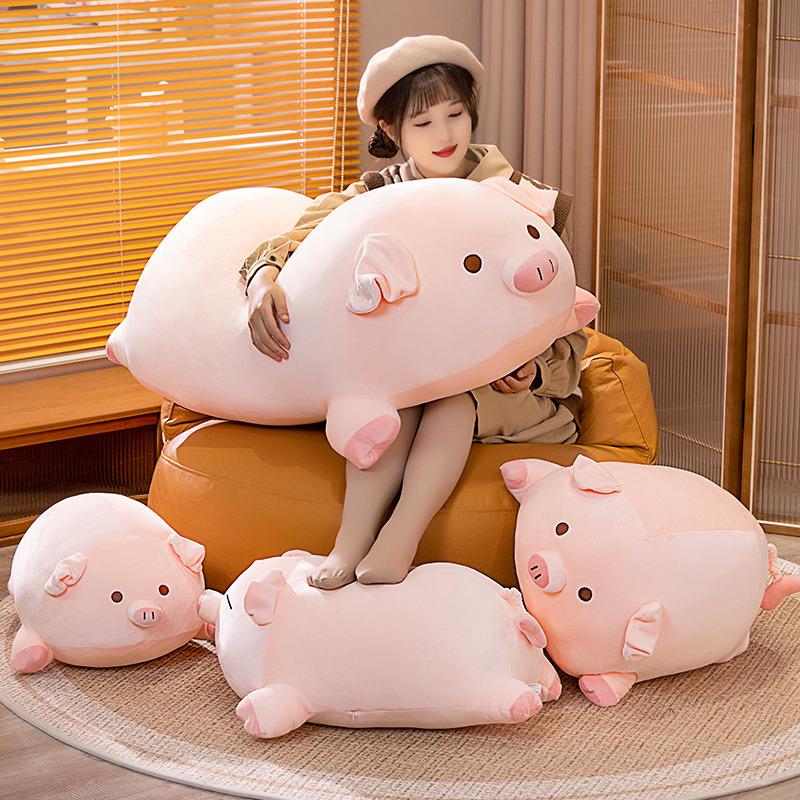 Non-Toxic Squishy Pink Fatty Piggy Pig Doll Plush Toy Down Cotton Stuffed Eyes Closed/Open Cartoon Animal Lying Plushie Bolster Gift