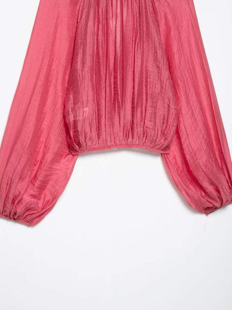 Женский комплект ZA Весна 2025 Европейский и американский стиль Жатый волан Стойка Короткий топ и юбка миди