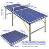 Foldable table tennis table with net and bat set, suitable for outdoor/indoor use, blue surface, includes 2 bats and 3 balls, stable 6-leg design