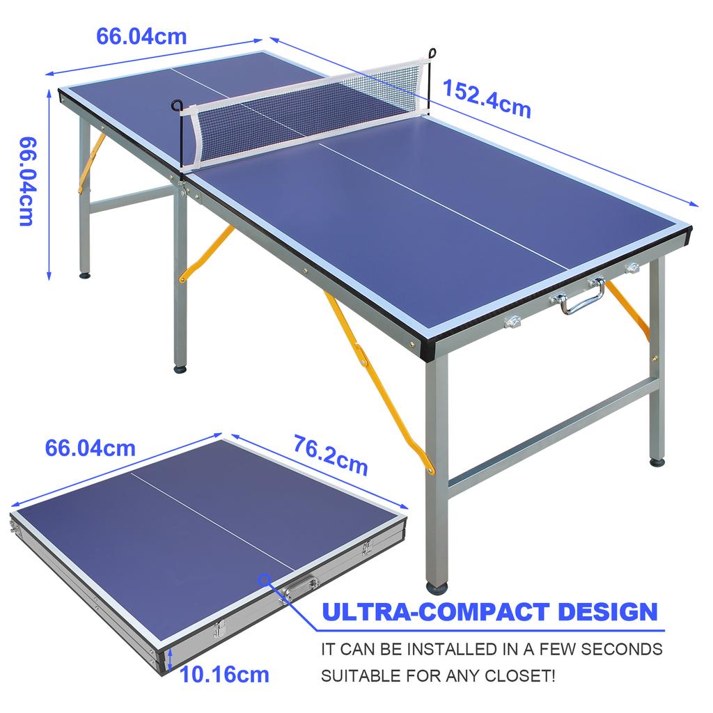 Foldable table tennis table with net and bat set, suitable for outdoor/indoor use, blue surface, includes 2 bats and 3 balls, stable 6-leg design
