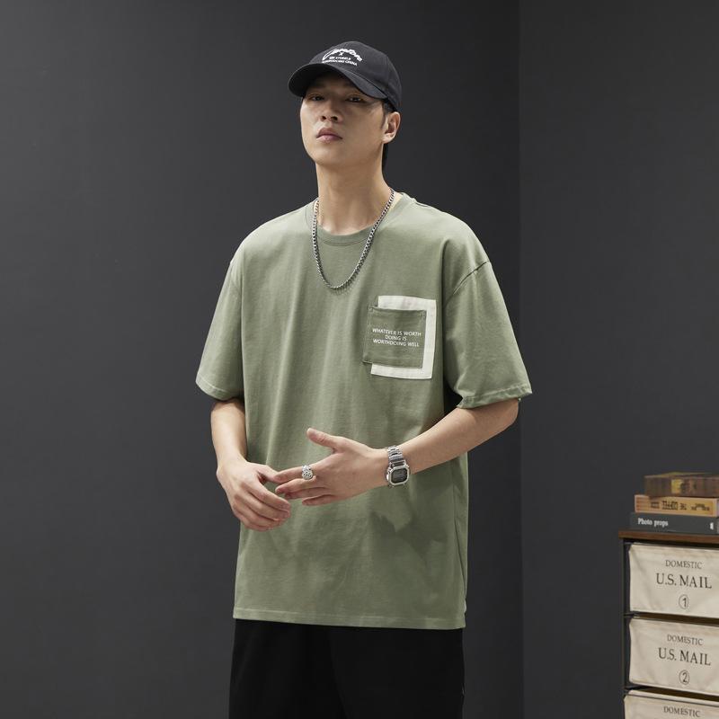 Summer Cotton Short Sleeved T-shirt Men's Half Sleeved Base Shirt Pocket Printed Loose Top