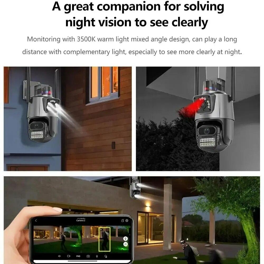 8MP 4K Wi-Fi камера с двумя объективами, защита безопасности, водонепроницаемая камера видеонаблюдения, полицейская световая сигнализация, IP-камера