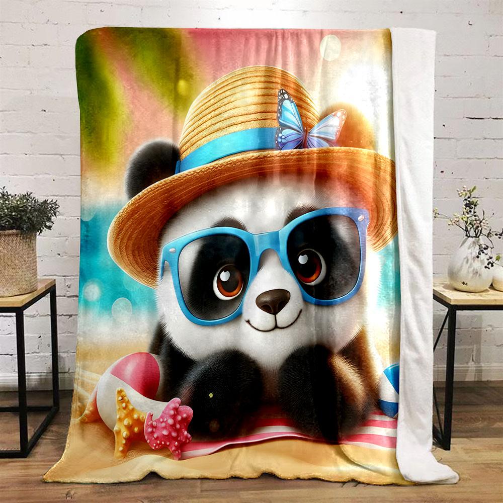 Cute Panda on Beach with Sunglasses Patterned flannel blanket perfect for the bedroom living room, sofa, or a little nap