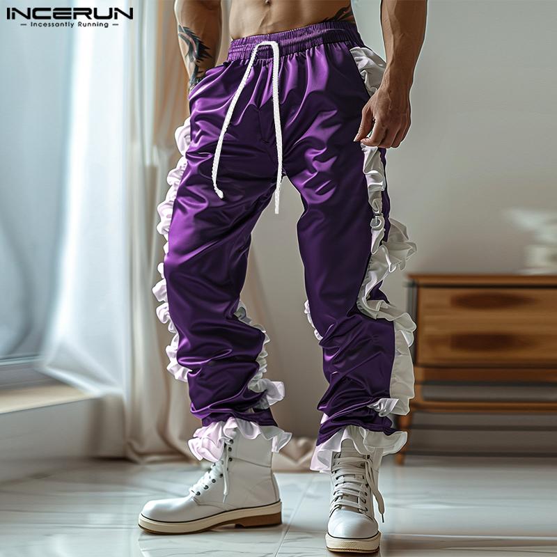 INCERUN Men Elastic Waist Drawstring Ruffled Hem Patchwork Long Harem Pants