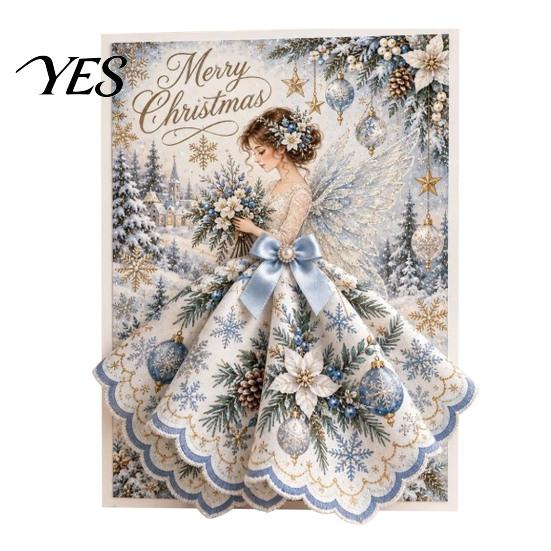 Elegant Angel Ornament Card 3D Christmas Greeting with Fabric Dress, Pop Up Holiday Unique Xmas Card, Merry Gift Keepsake for Family Friends Detailed