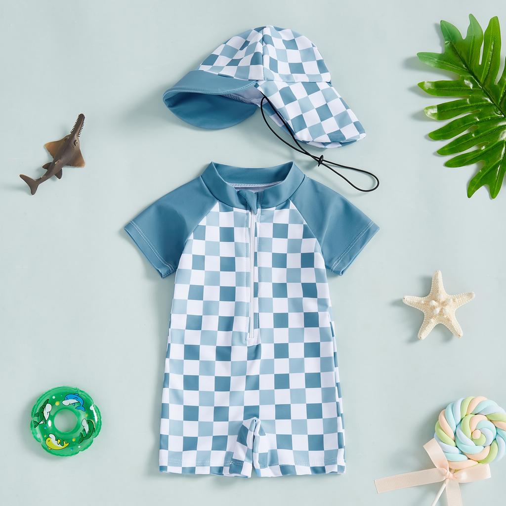 Boys Girls Short Sleeve Swimwear Casual Plaid Print Zipper Rash Guard Swimsuit and Hat Beachwear Bathing Suit