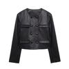 2025 Spring Women's Simple Round Neck Short Leather Jacket with Button Embellishments