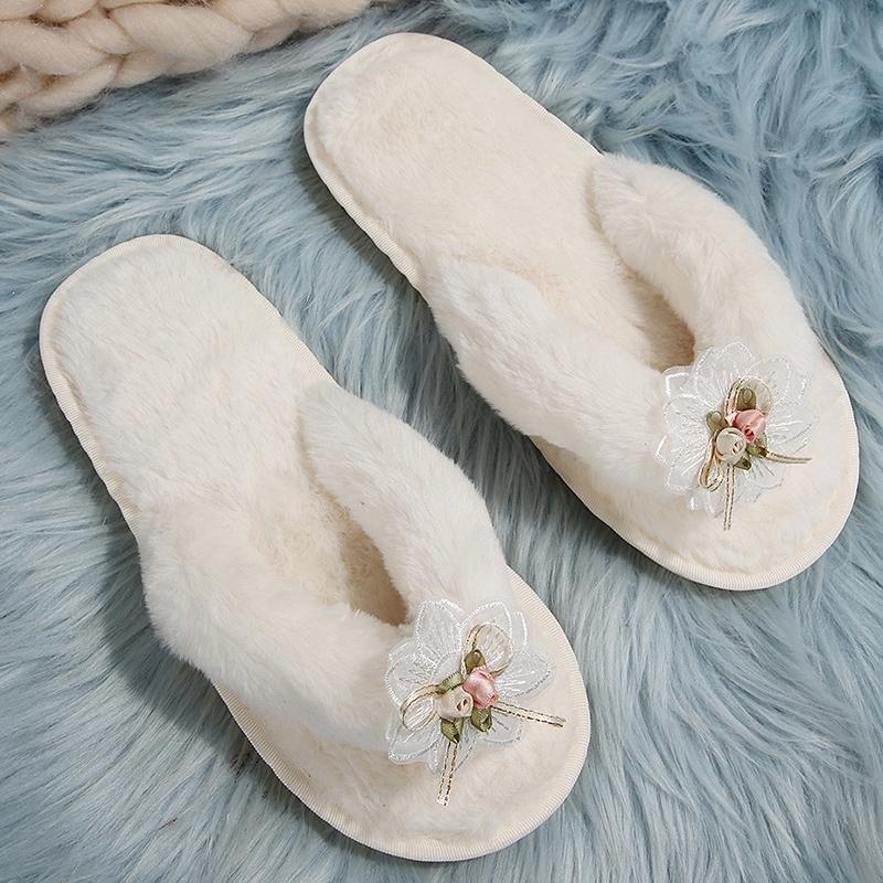 Fashion Fashion Floral Detor Cotton Flip Flops Women Open Toe Non Slip Fur Slides Woman Black White Faux Fur Cotton Slippers Female