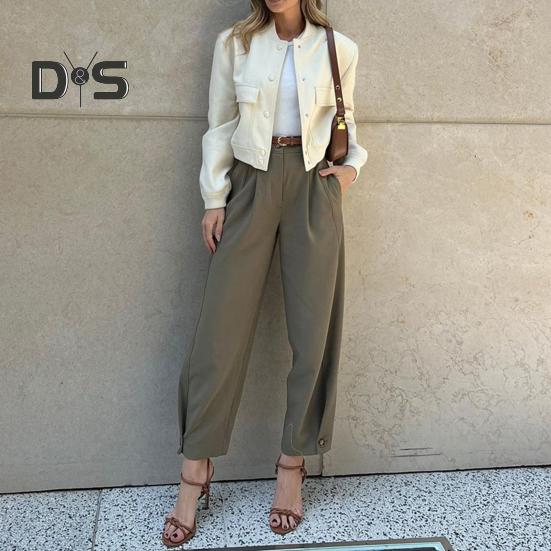 Женские костюмные брюки с высокой талией и пуговицами на молнии, однотонные брюки свободного покроя с карманами, длинные брюки в повседневном стиле