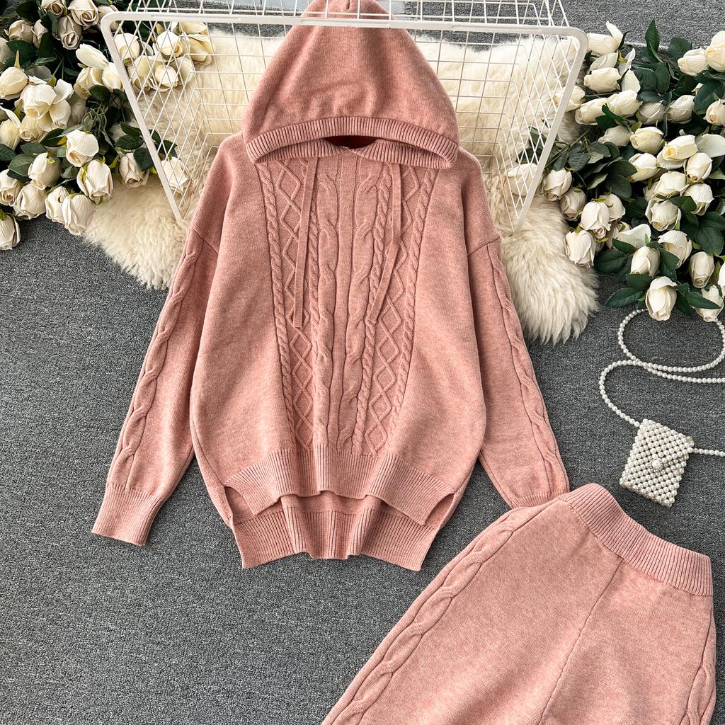 Осенне-зимний женский вязаный свитер, спортивный костюм, модный пуловер с капюшоном, топы и широкие брюки, комплект из двух предметов