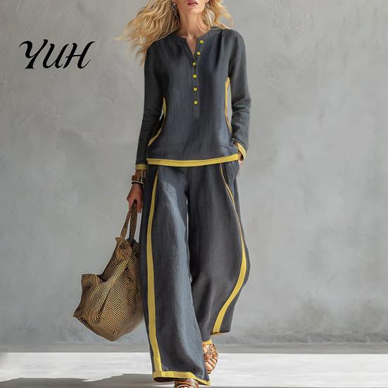 Women Two Piece Outfits Matching Set, V-Neck Button-Up Sweatshirt, High Waisted Vacation Wide Leg Pants, Contrast Color Lounge Set for Daily Wear Sets