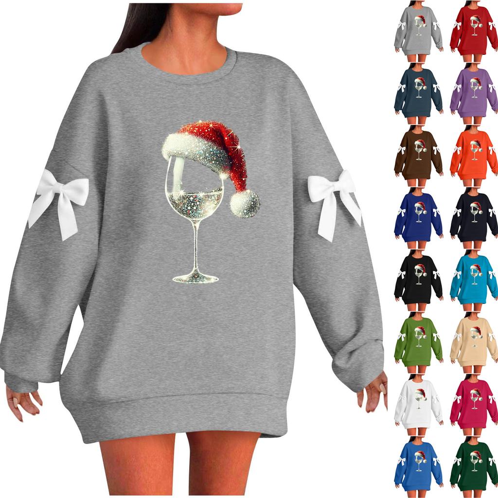 Ladies' Christmas Printed Bow Round Neck Long Sleeved Loose Pullover Sweater Sweatshirt Top