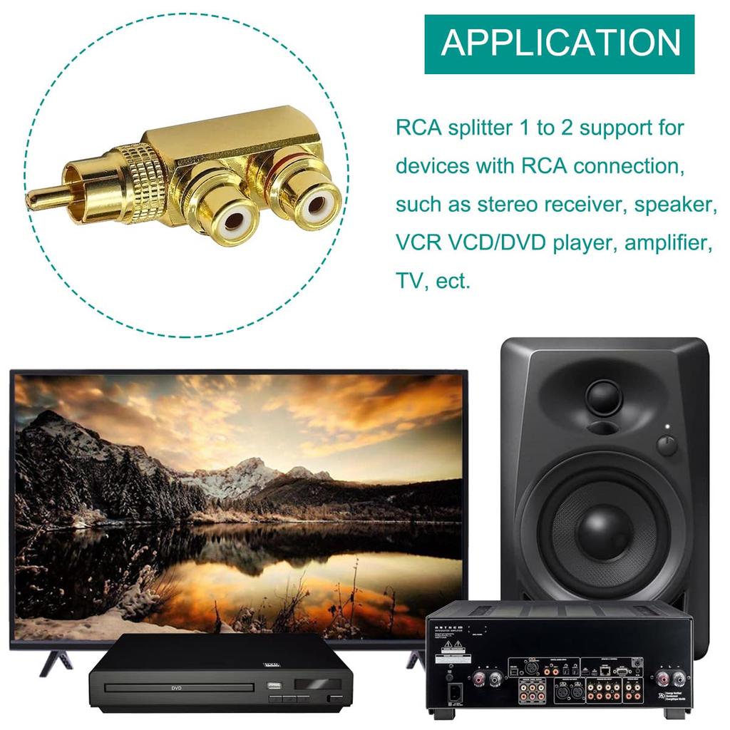 Xiatiaosann RCA Splitter RCA Male to 2 RCA Female Audio for Stereo Audio Phono Right Angle Jack for DVD Amplifier Speakers Car Set of 2 2-Way Adapter,