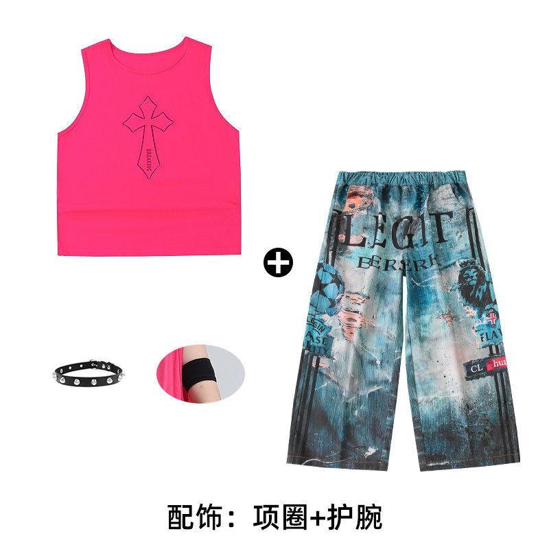 Kids Hip Hop Dance Outfit Set Boys Girls - Sleeveless Pink Top Navy Blue Pants With Accessories