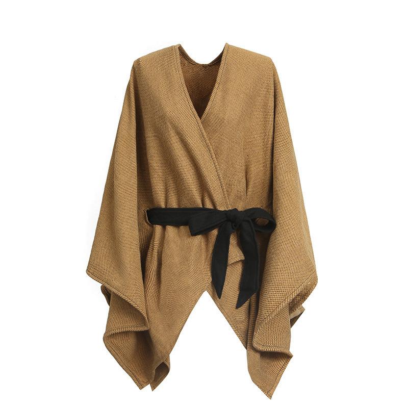 Монохромный поясной разрезной вязаный платок тканый плащ теплый шарф для женщин