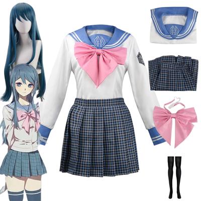 Аниме Danganronpa Maizono Sayaka, карнавальный костюм, школьная форма, голубой парик, рубашка, юбка, носки, наряды, карнавальная одежда на Хэллоуин