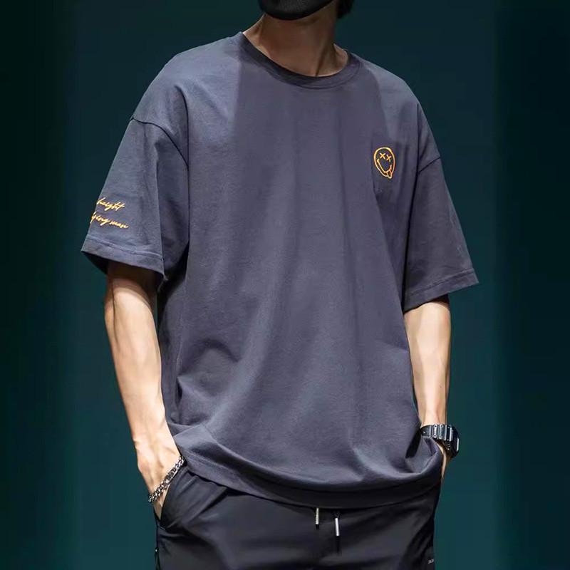 Мужская летняя футболка больших размеров 2024 с вышивкой в виде смайлика, с коротким рукавом, повседневная, из хлопка